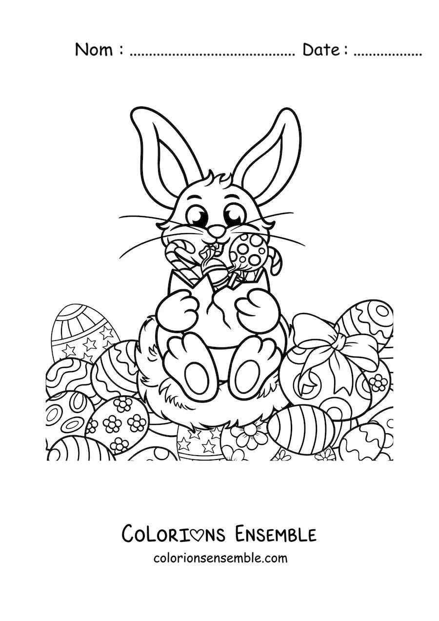 Image à colorier d'un lapin kawaii avec des œufs de Pâques