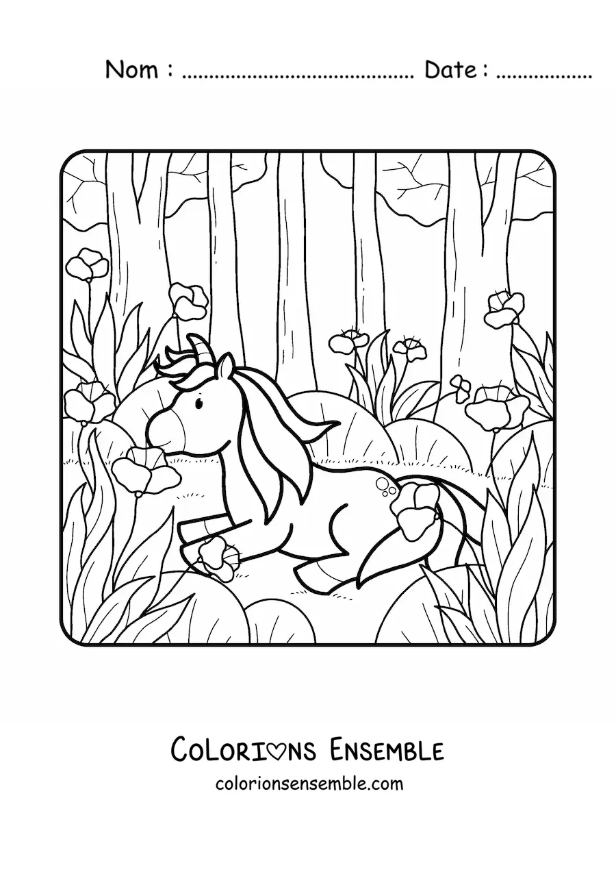 Image à colorier d'une licorne dans une forêt de printemps