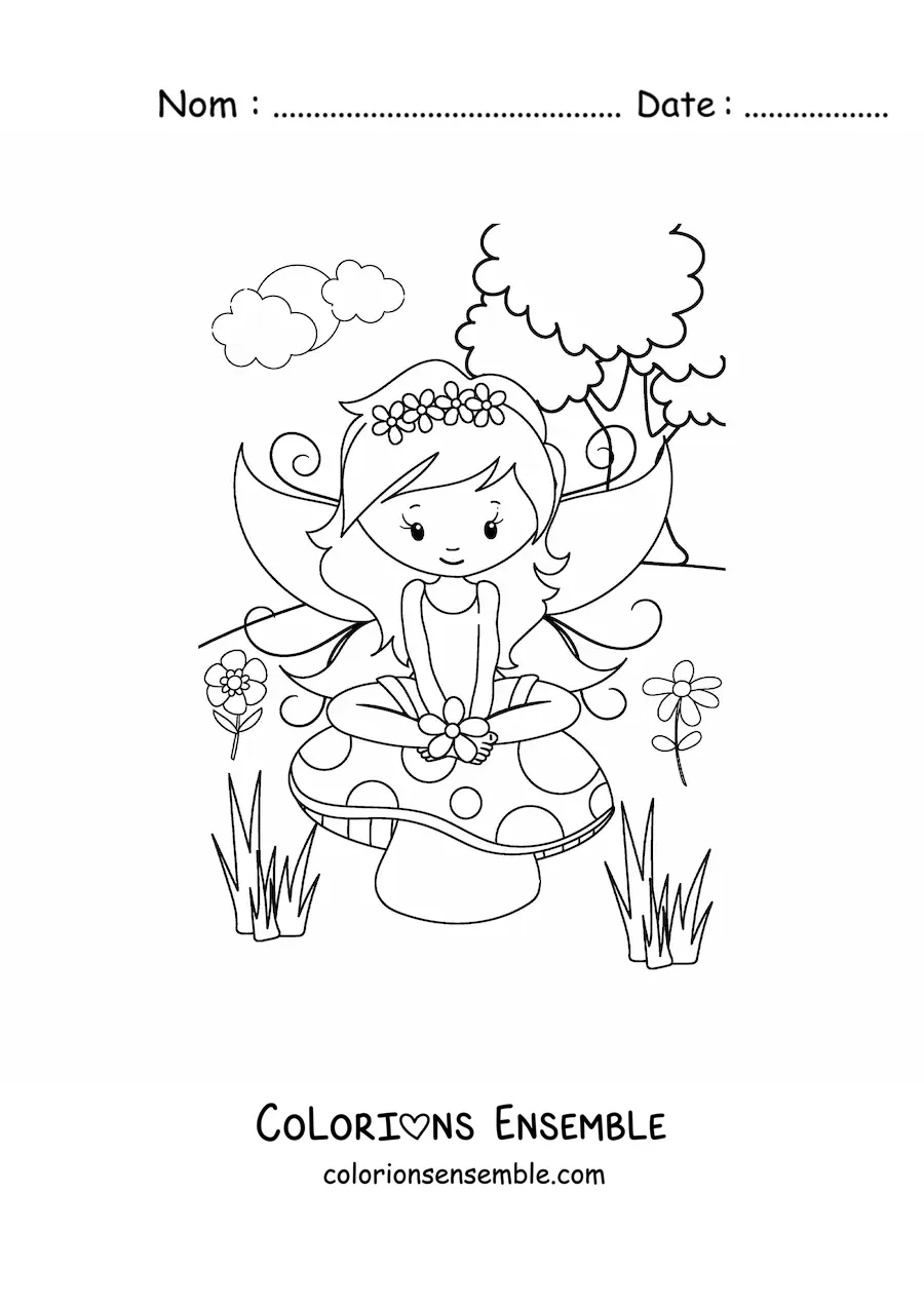 Image à colorier d'une fée kawaii dans un champ printanier