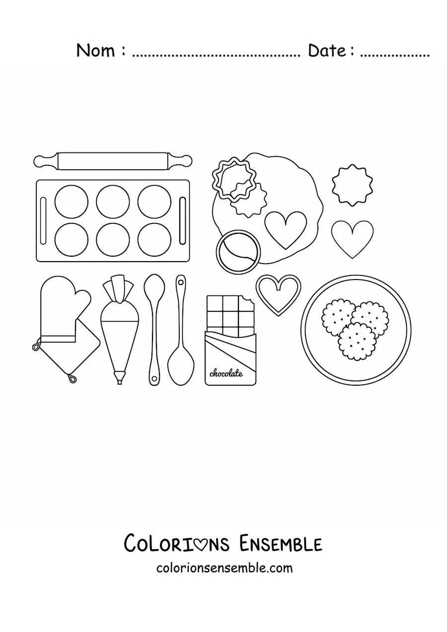 Image à colorier de moules et d'ustensiles pour faire et cuire des biscuits