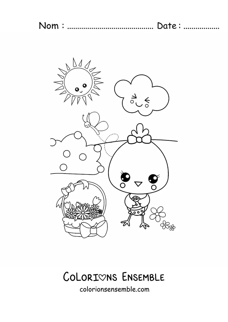 Image à colorier d'un poussin kawaii au printemps