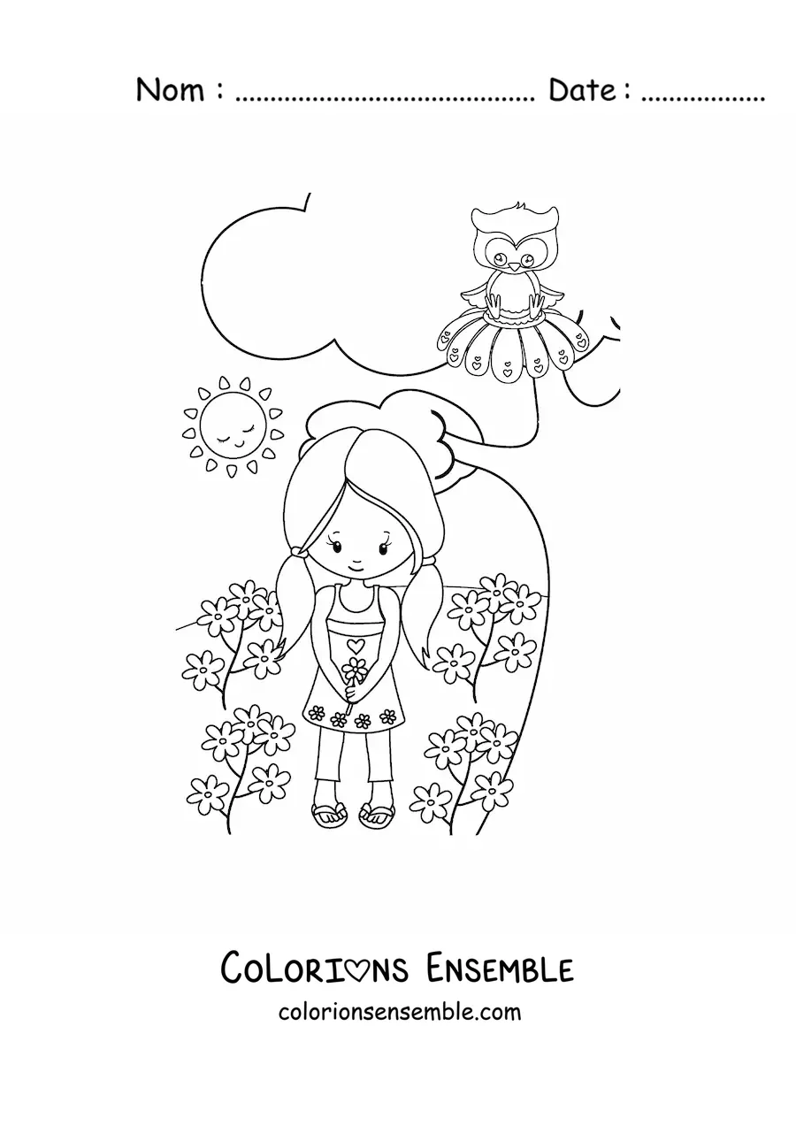 Image à colorier d'une petite fille kawaii dans un champ printanier