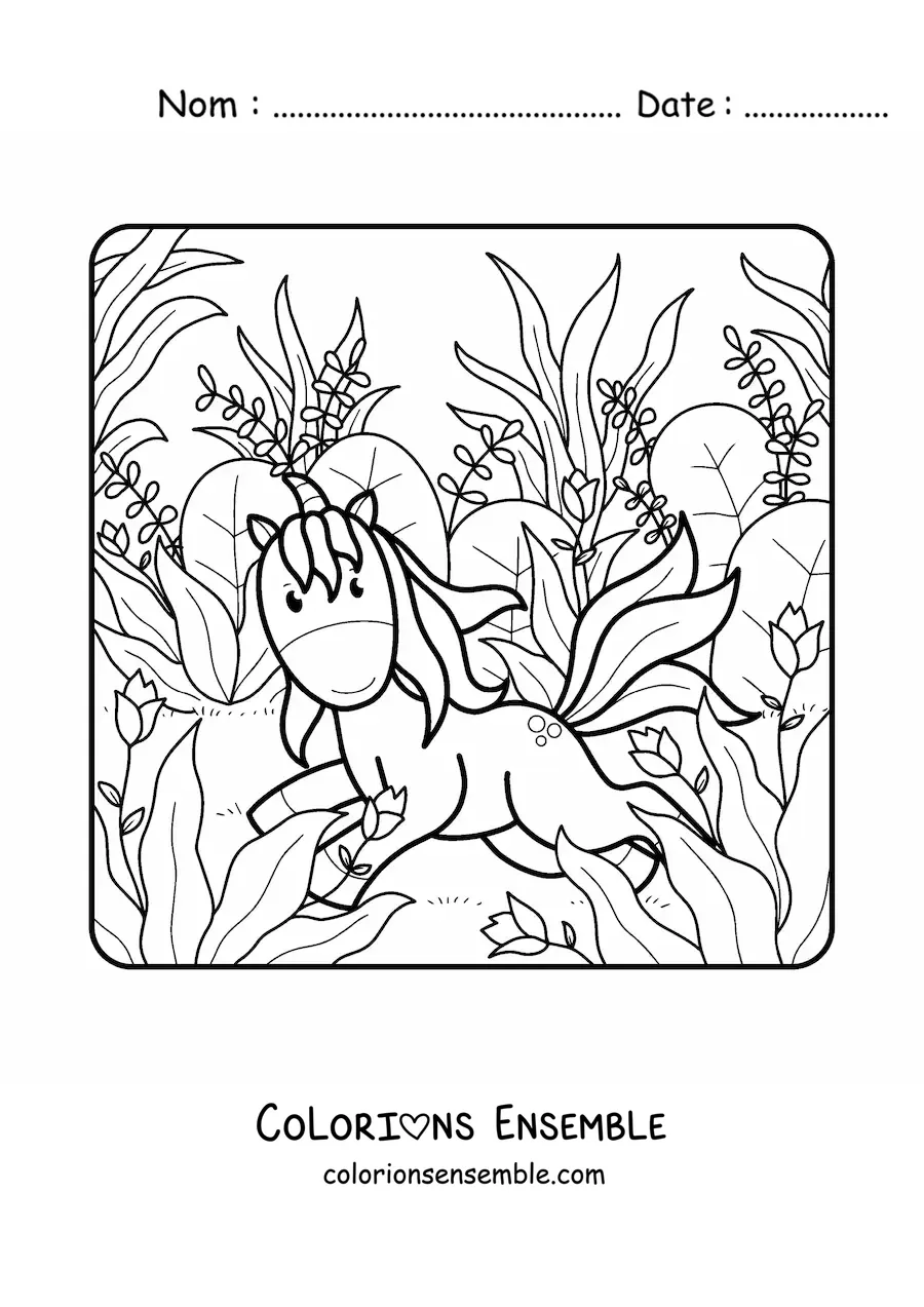 Image à colorier d'une licorne animée dans le champ