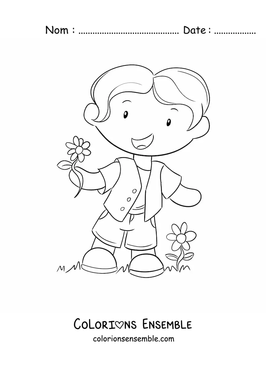 Image à colorier d'un petit garçon animé avec des fleurs de printemps