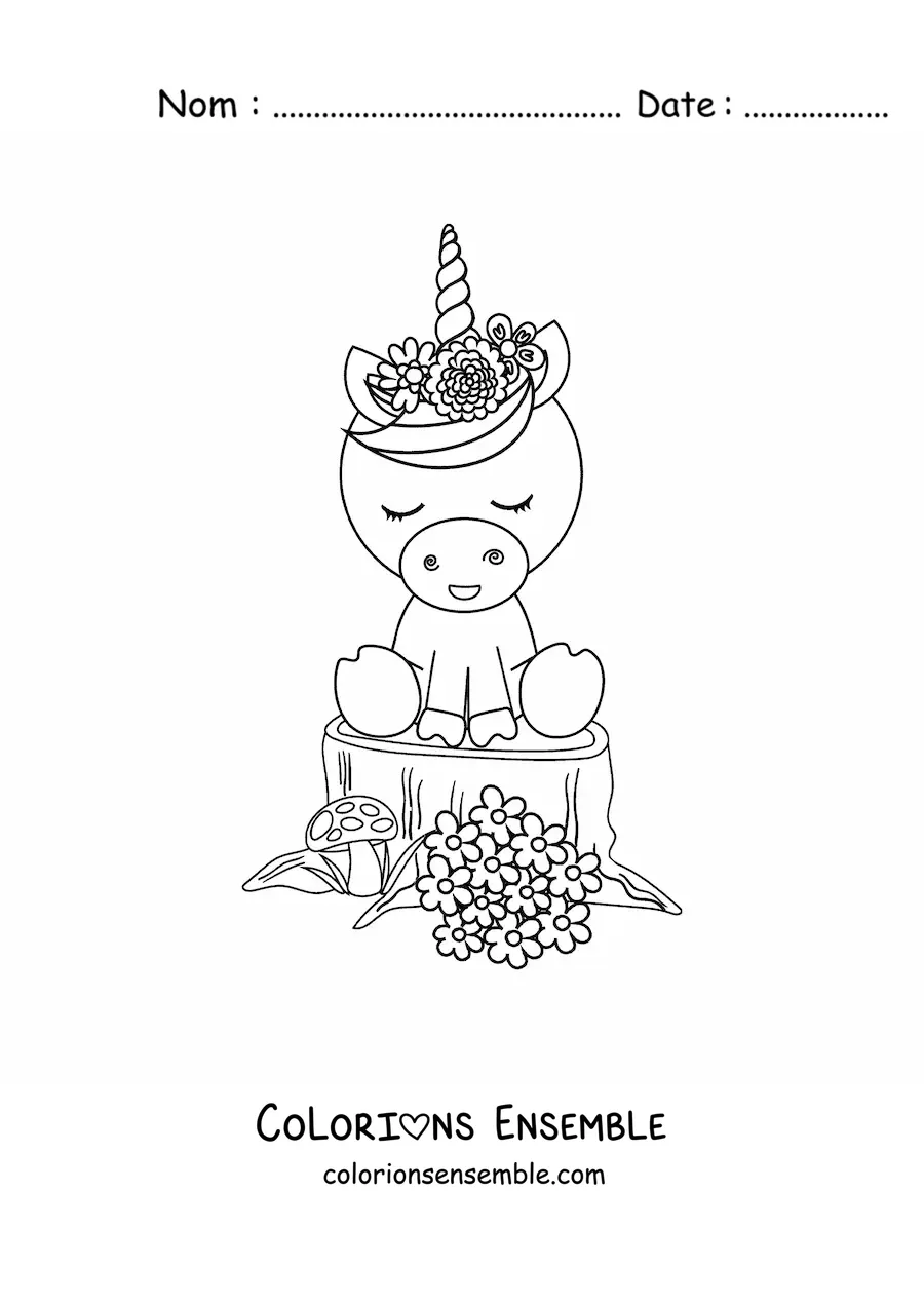 Image à colorier d'une licorne kawaii avec des fleurs de printemps