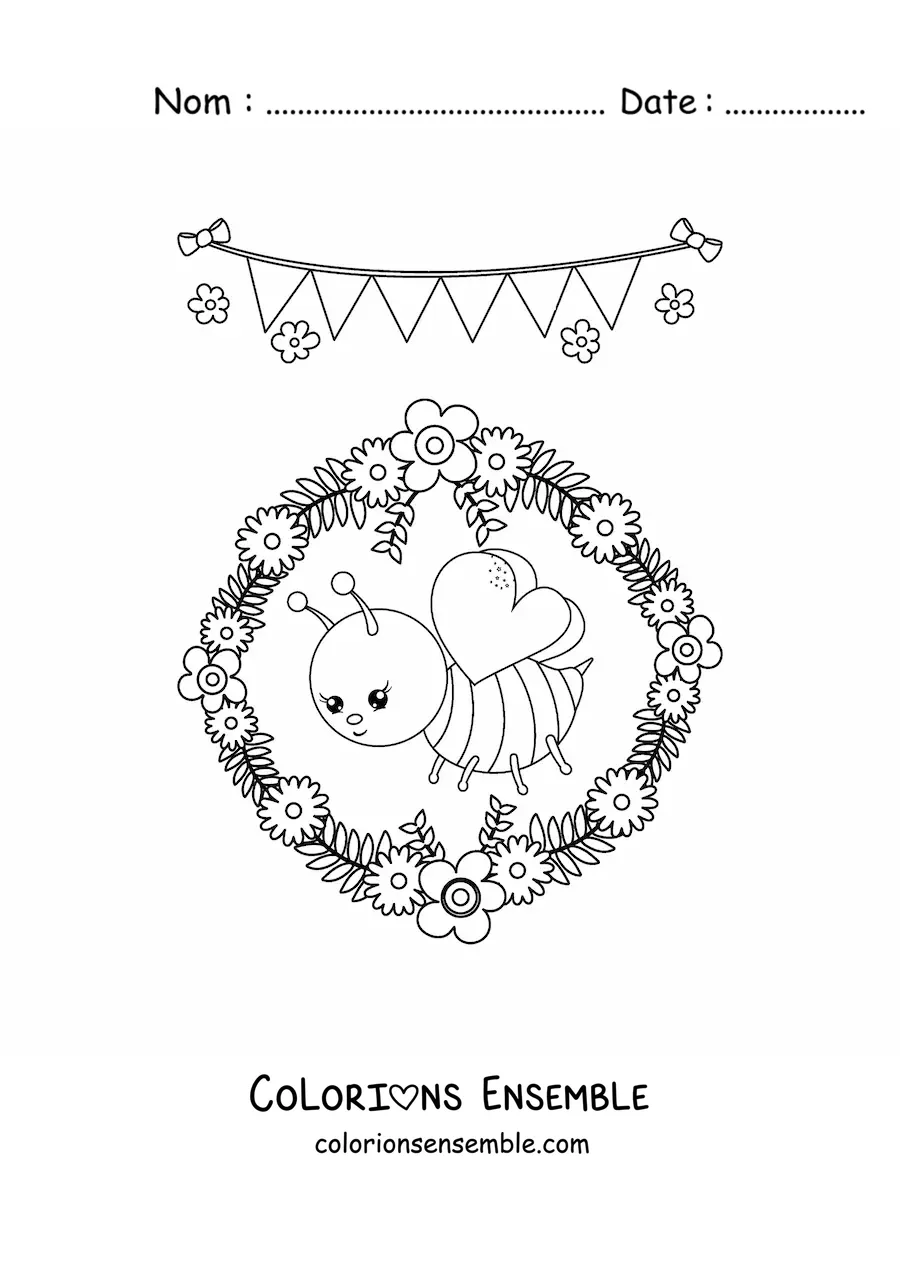 Image à colorier d'une abeille kawaii avec des fleurs de printemps