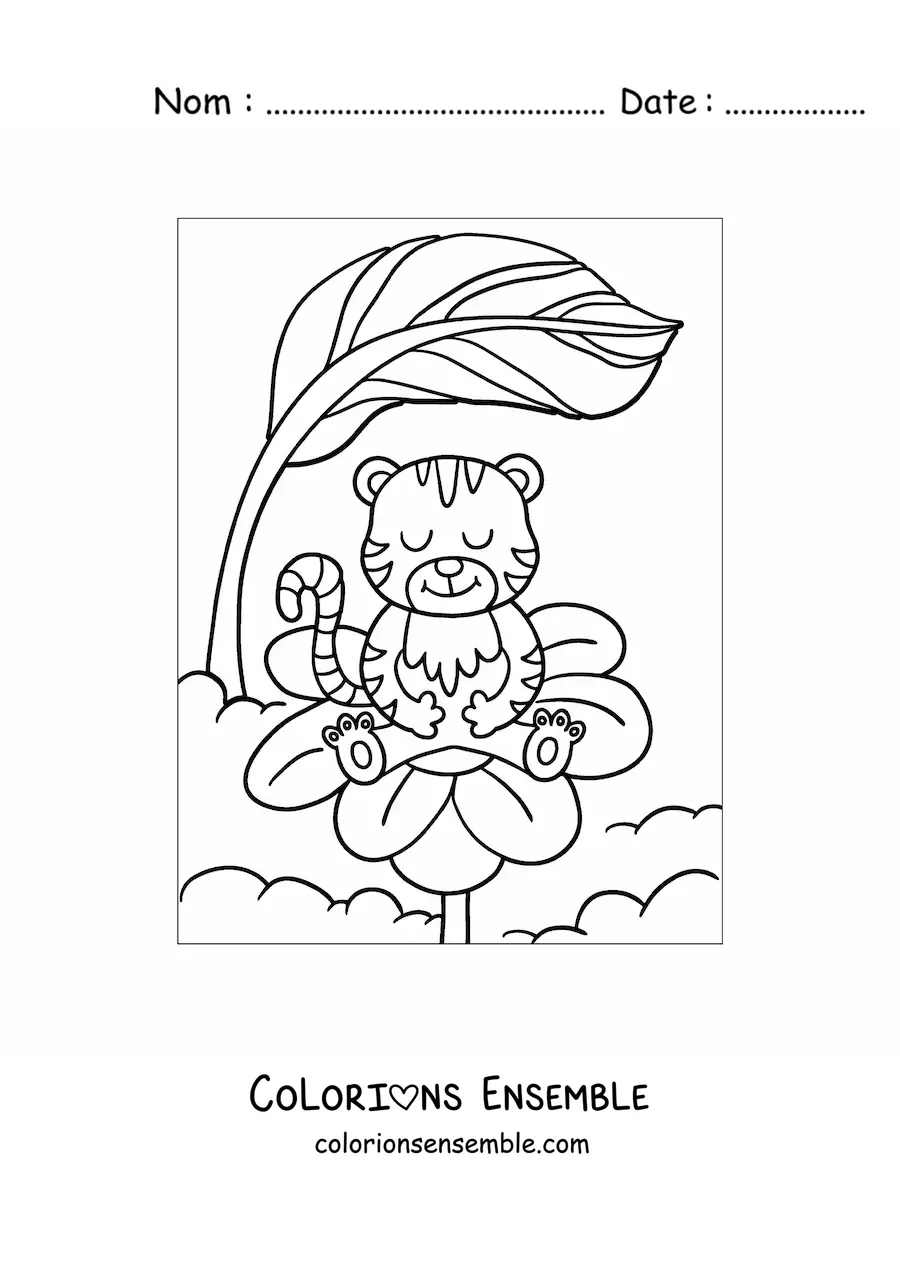 Image à colorier d'un tigre kawaii animé dans une fleur de printemps