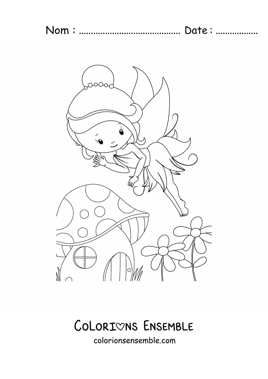 Image à colorier d'une fée kawaii qui vole au printemps
