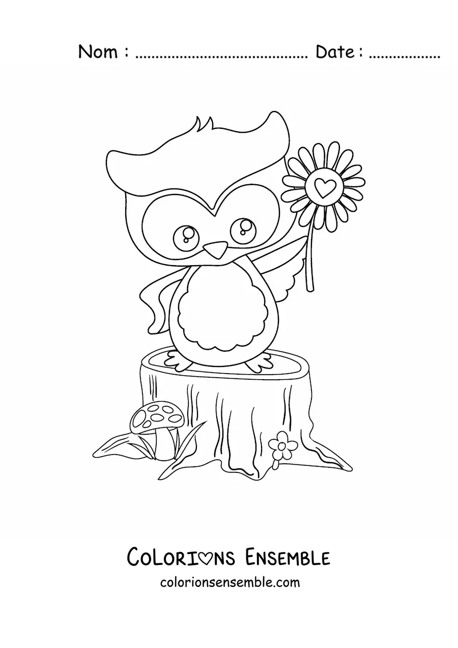 Image à colorier d'une chouette kawaii au printemps