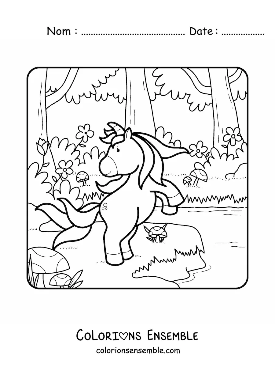 Image à colorier d'une licorne au printemps dans la forêt