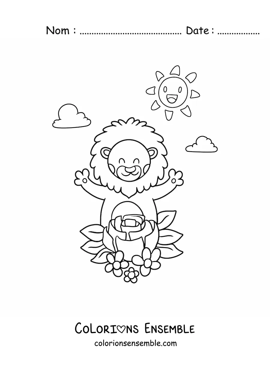 Image à colorier d'un lion kawaii animé avec des fleurs de printemps