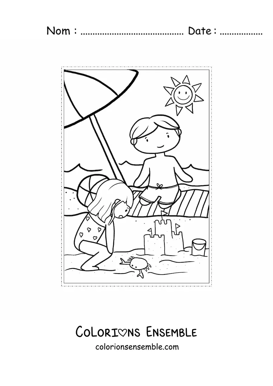 Image à colorier d'enfants kawaii à la plage en été