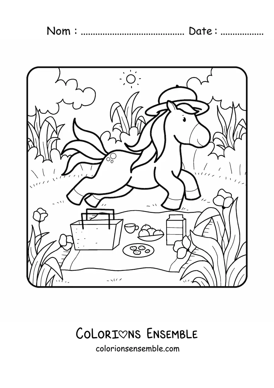 Image à colorier d'une licorne animée à un pique-nique d'été