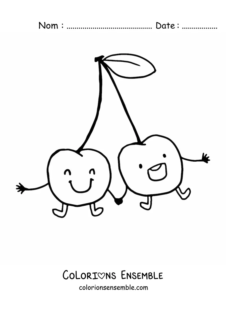 Image à colorier de deux cerises kawaii qui se tiennent par la main