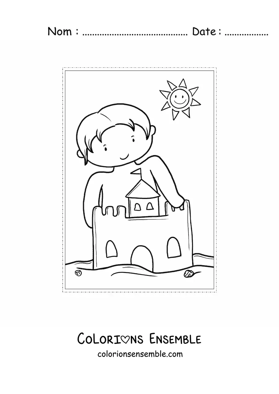 Image à colorier d'un petit garçon kawaii avec un château de sable en été
