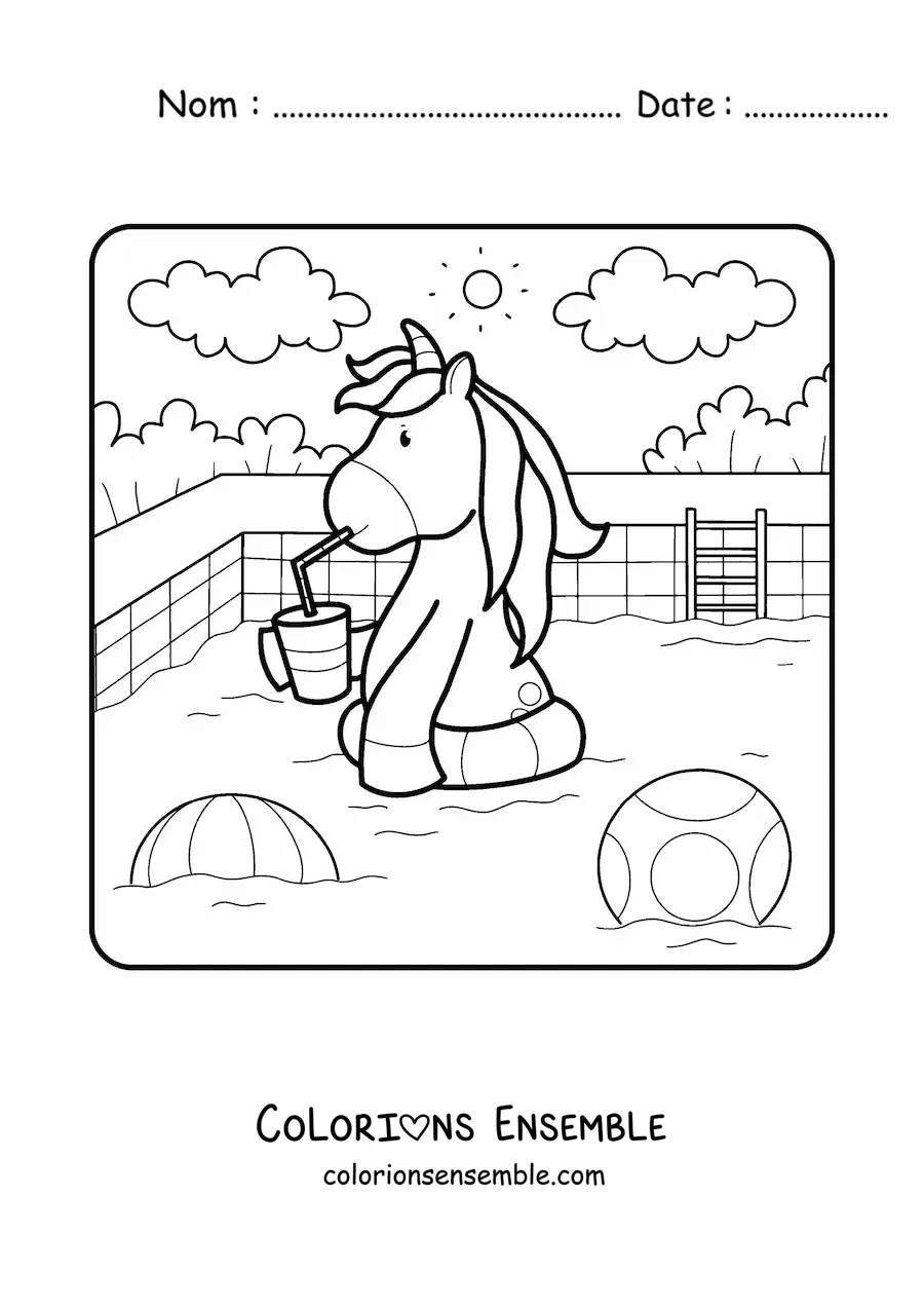 Image à colorier d'une licorne animée dans une piscine d'été
