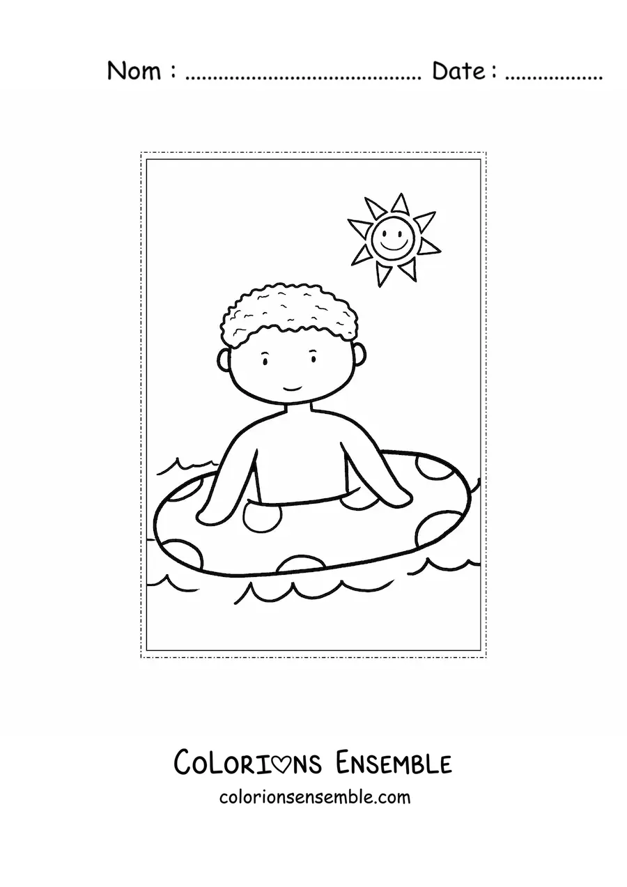 Image à colorier d'un petit garçon kawaii à la mer en été