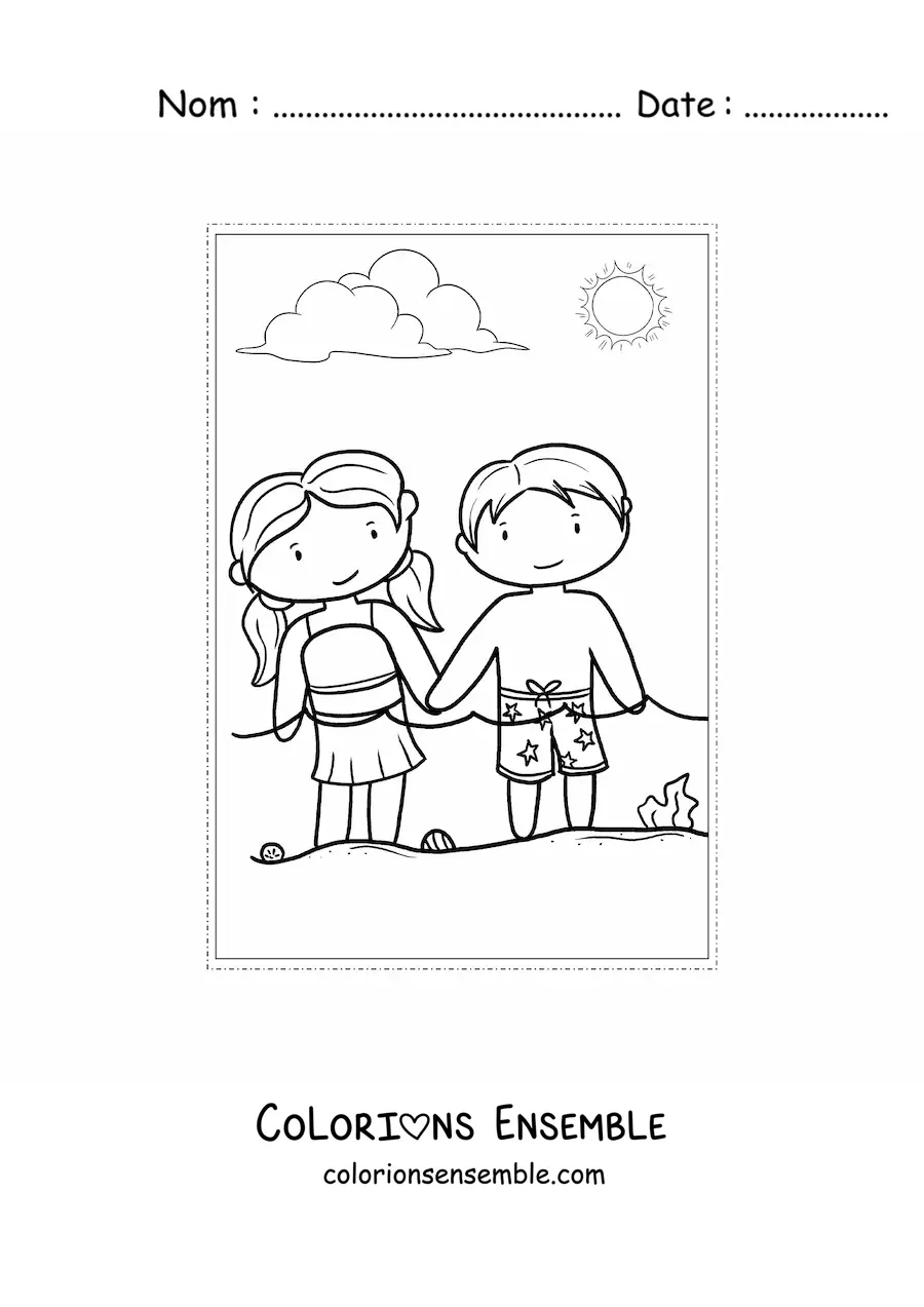 Image à colorier d'enfants kawaii en été