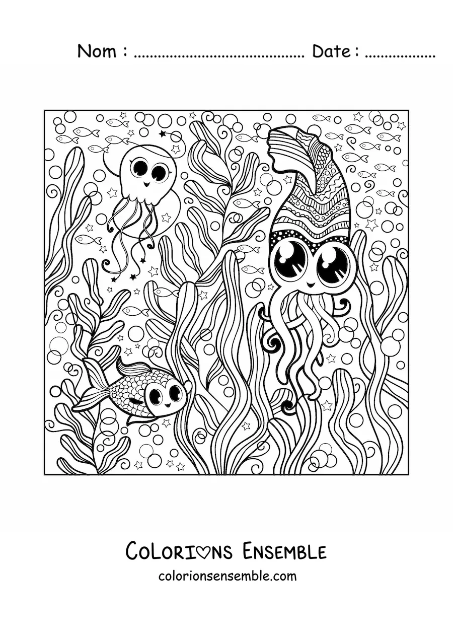 Image à colorier d'animaux marins kawaii
