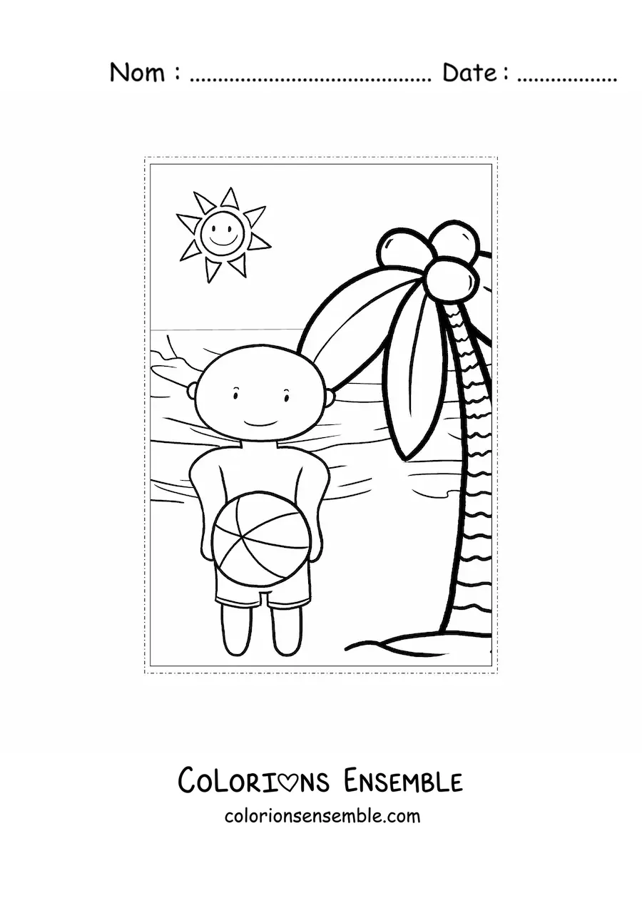 Image à colorier d'un petit garçon kawaii qui joue en été