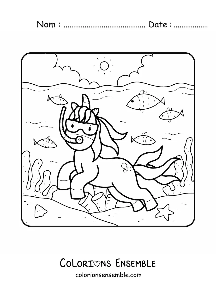 Image à colorier d'une licorne qui nage dans la mer
