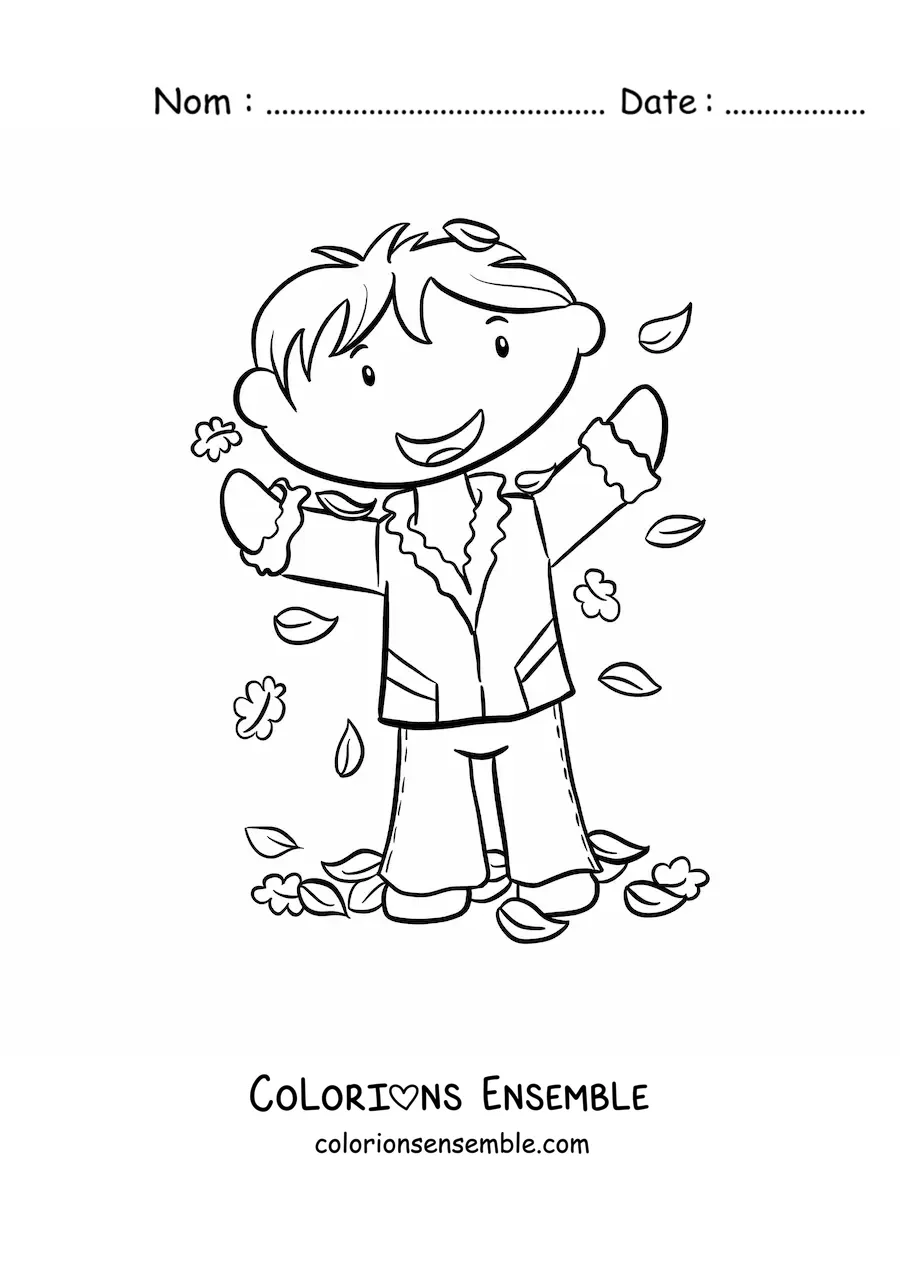 Image à colorier d'un petit garçon kawaii qui joue avec des feuilles d'automne