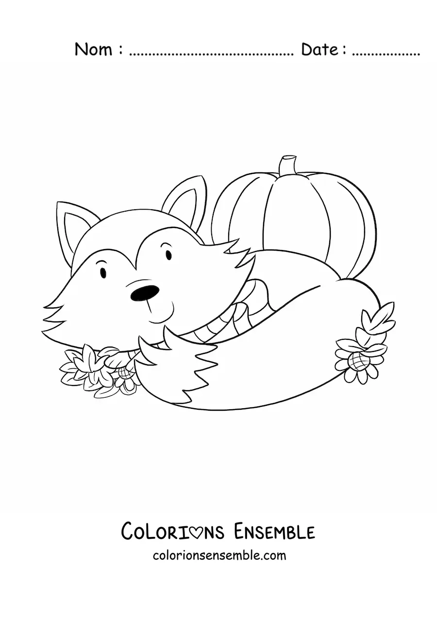 Image à colorier d'un renard kawaii avec des feuilles d'automne
