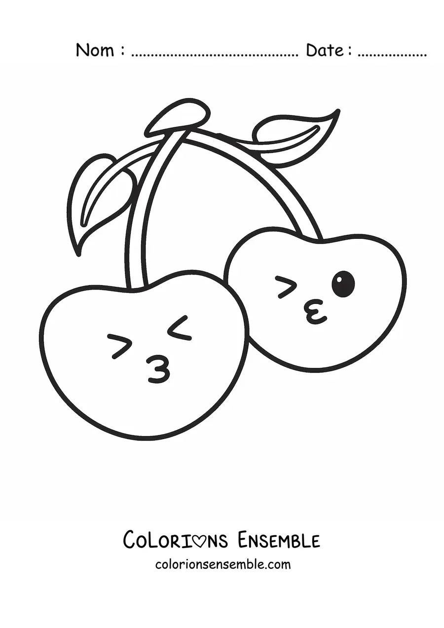 Image à colorier de deux cerises kawaii qui envoient des bisous