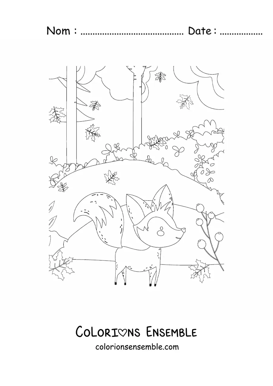 Image à colorier d'un renard kawaii dans une forêt d'automne