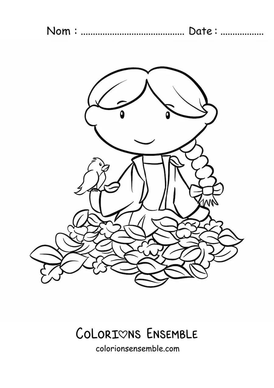 Image à colorier d'une petite fille kawaii en automne