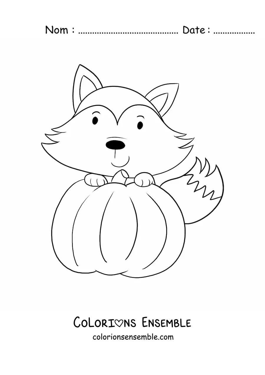 Image à colorier d'un renard kawaii avec une citrouille