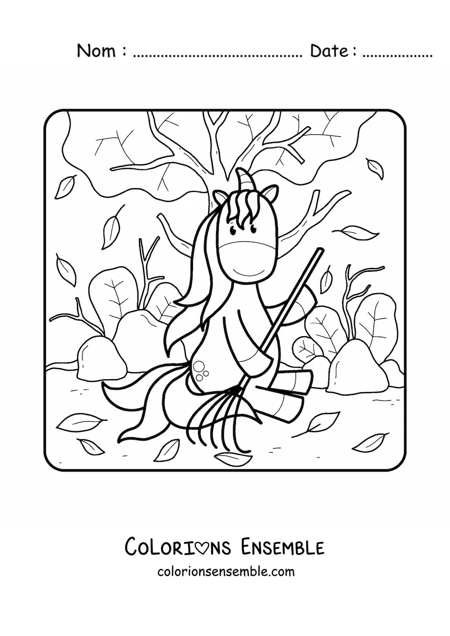 Image à colorier d'une licorne qui balaie des feuilles d'automne