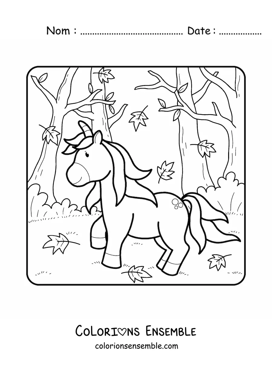Image à colorier d'une licorne dans une forêt d'automne
