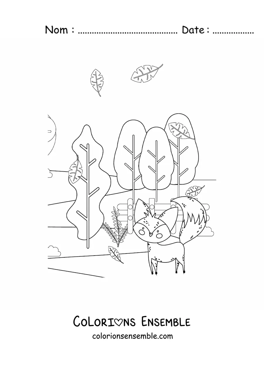 Image à colorier d'un renard et d'un paysage d'automne