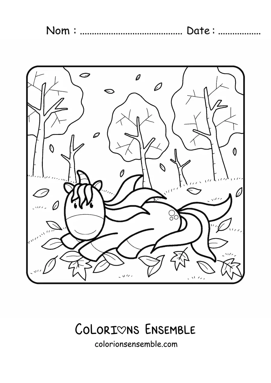 Image à colorier d'une licorne parmi des feuilles d'automne
