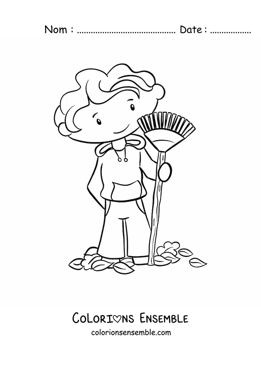 Image à colorier d'un petit garçon qui balaie des feuilles d'automne