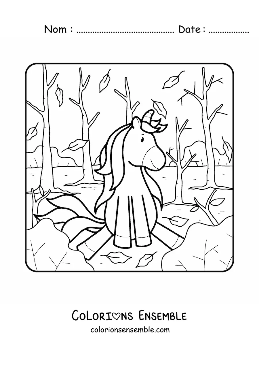 Image à colorier d'une licorne en automne