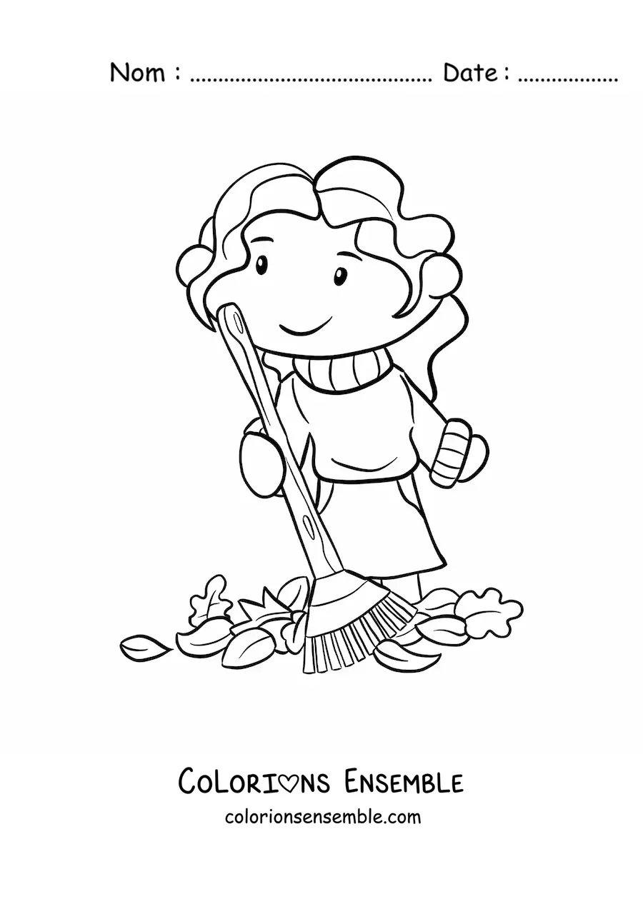 Image à colorier d'une petite fille avec des feuilles d'automne