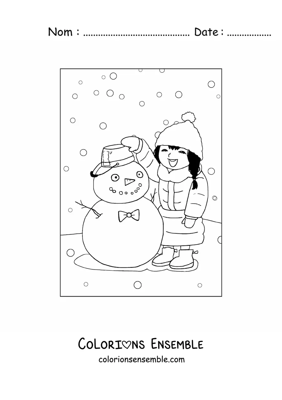 Image à colorier d'une petite fille kawaii en hiver avec un bonhomme de neige