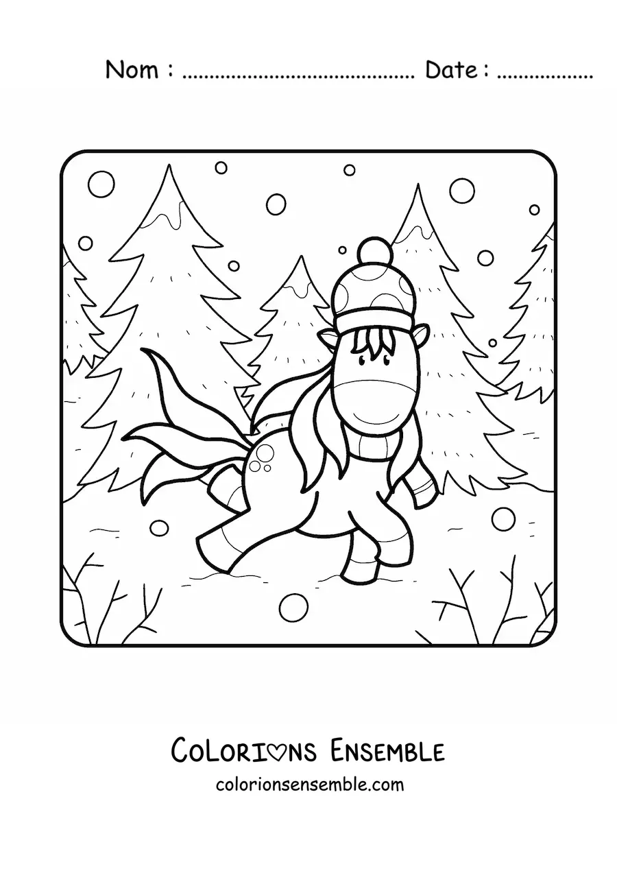 Image à colorier d'une licorne dans une forêt d'hiver