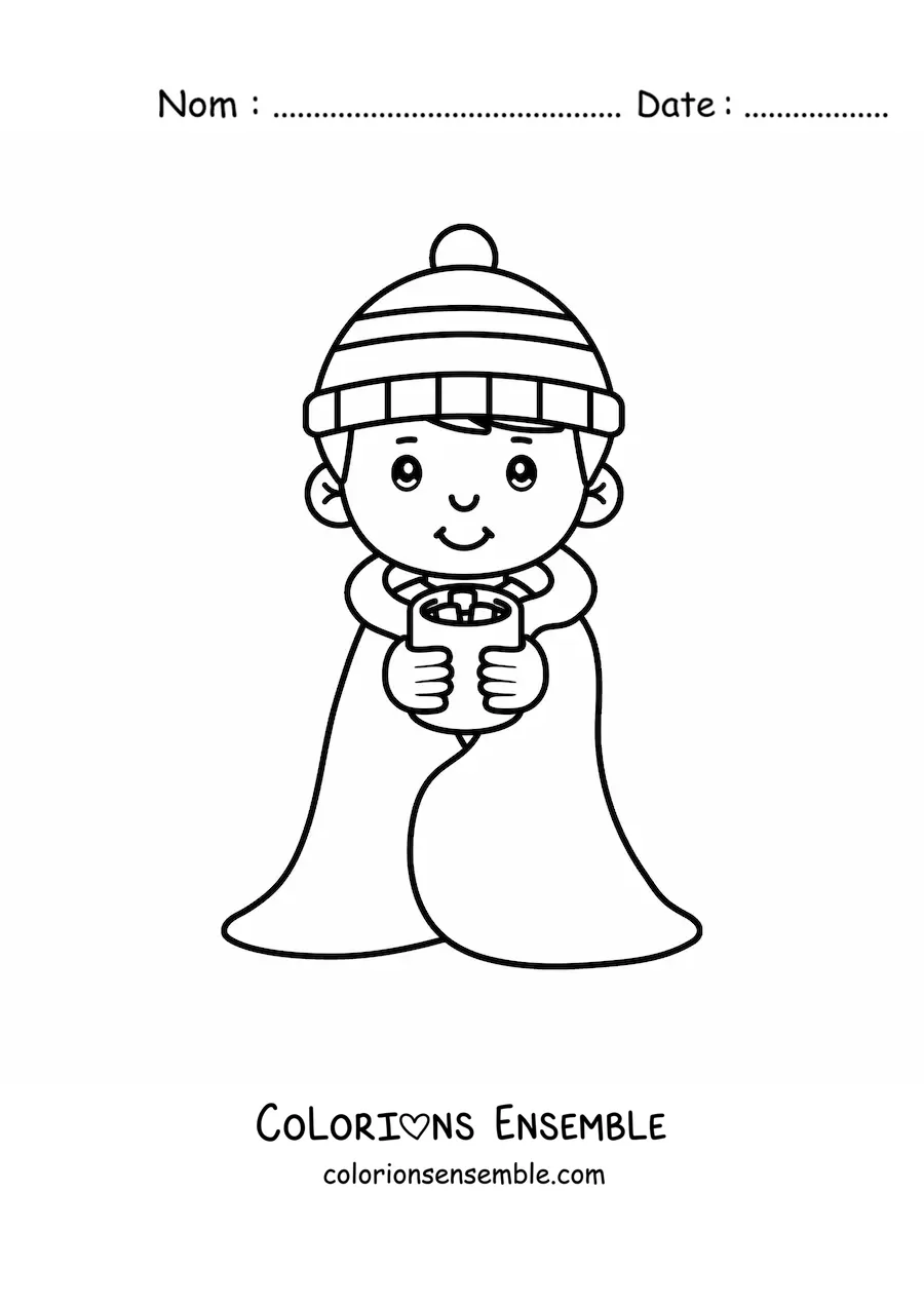 Image à colorier d'un petit garçon kawaii qui a froid en hiver