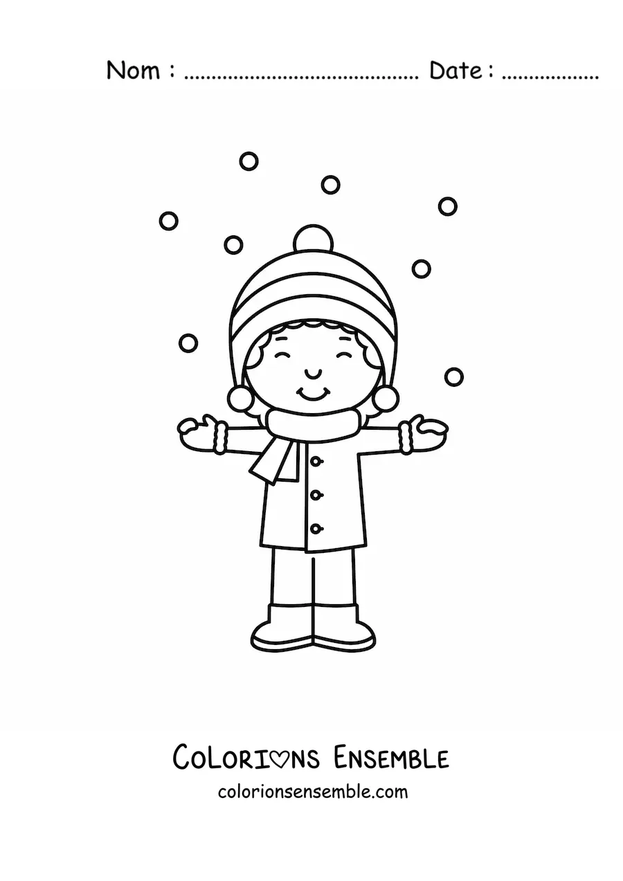 Image à colorier d'un petit garçon kawaii heureux en hiver