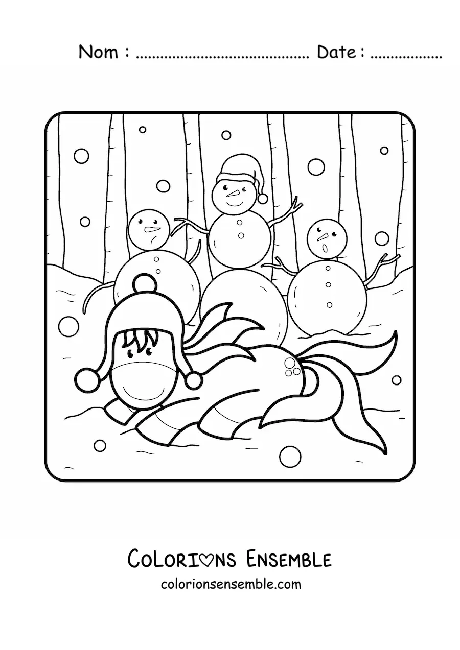 Image à colorier d'une licorne avec des bonshommes de neige