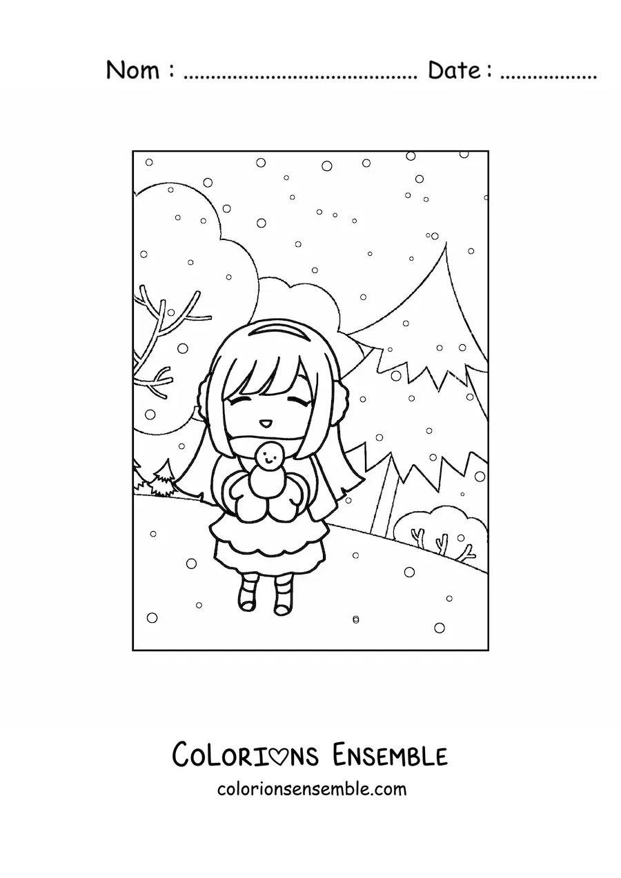 Image à colorier d'une petite fille kawaii dans une forêt d'hiver