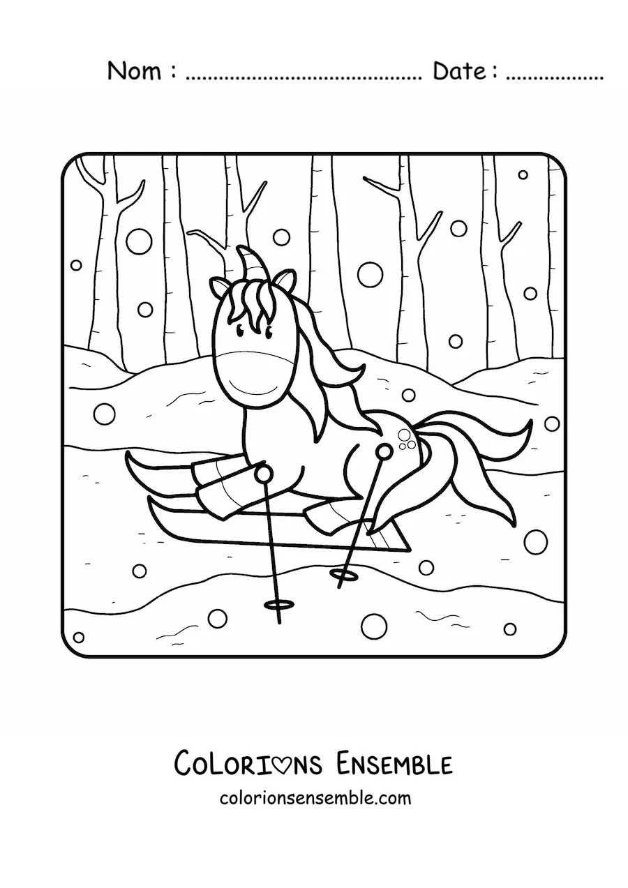 Image à colorier d'une licorne animée qui fait du ski en hiver