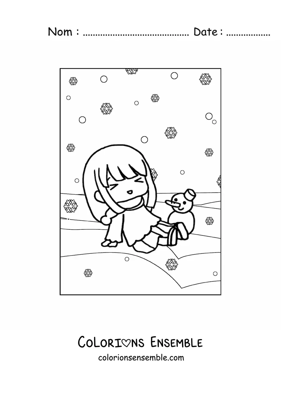 Image à colorier d'une petite fille kawaii sous la neige en hiver