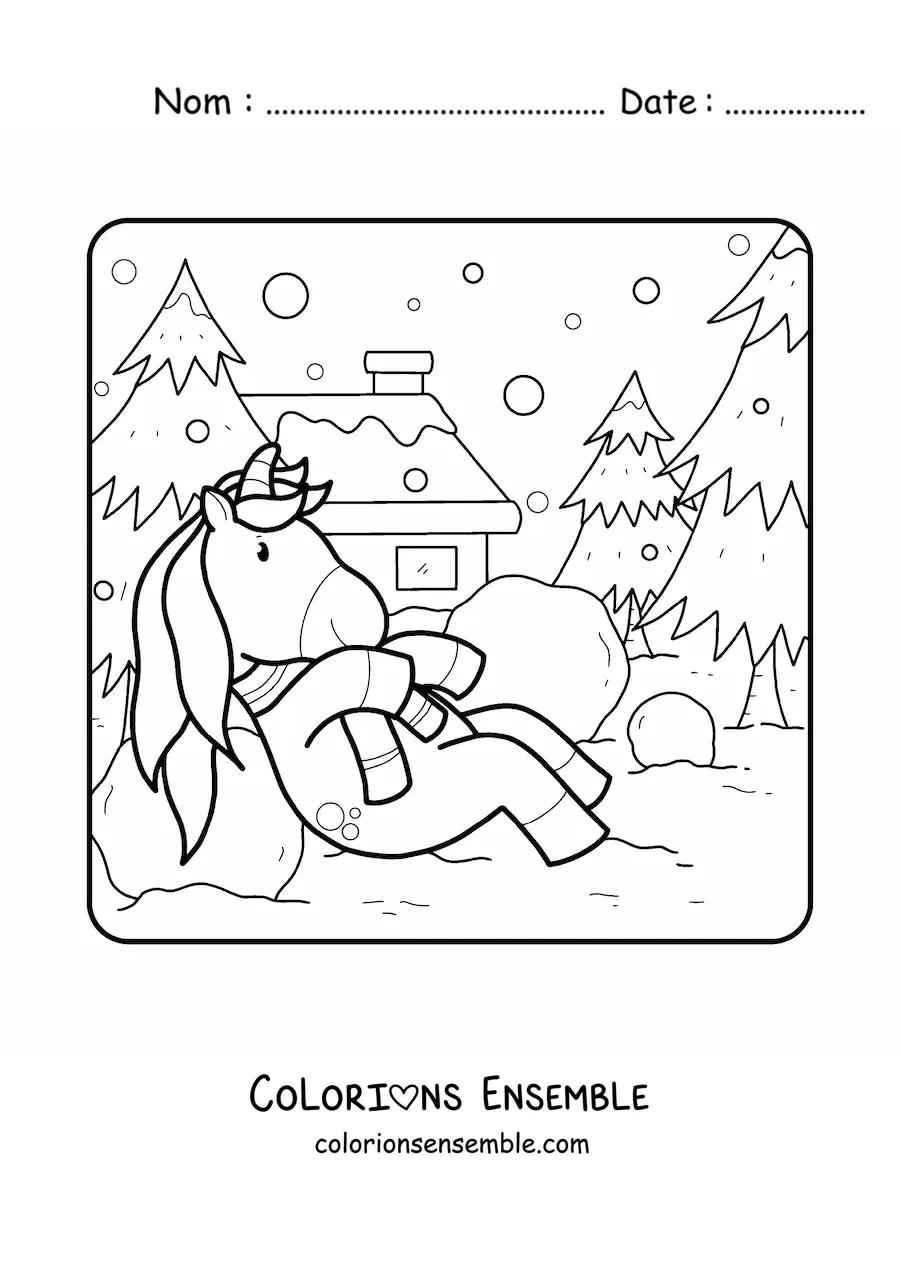 Image à colorier d'une licorne qui joue dans la neige