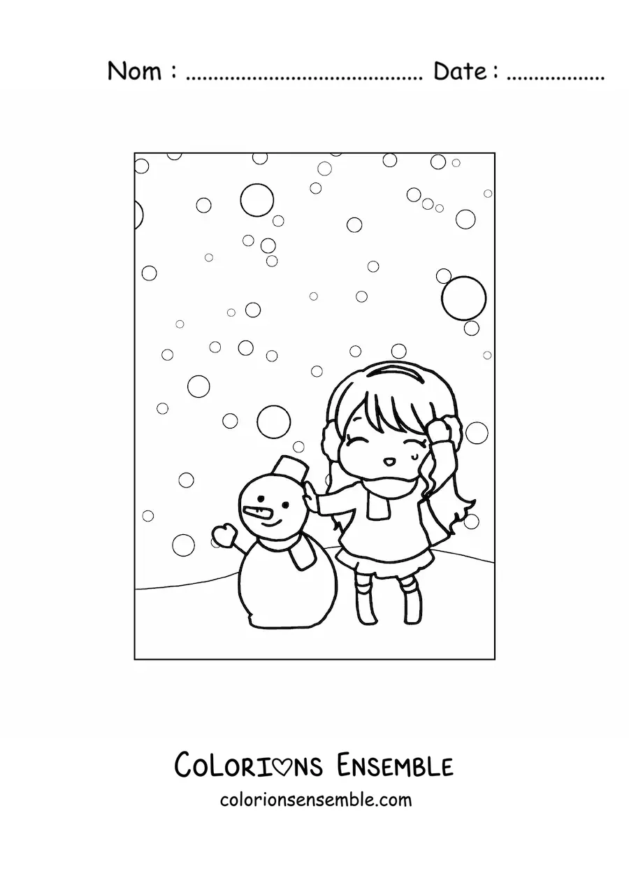 Image à colorier d'une petite fille kawaii sous la neige avec un bonhomme de neige