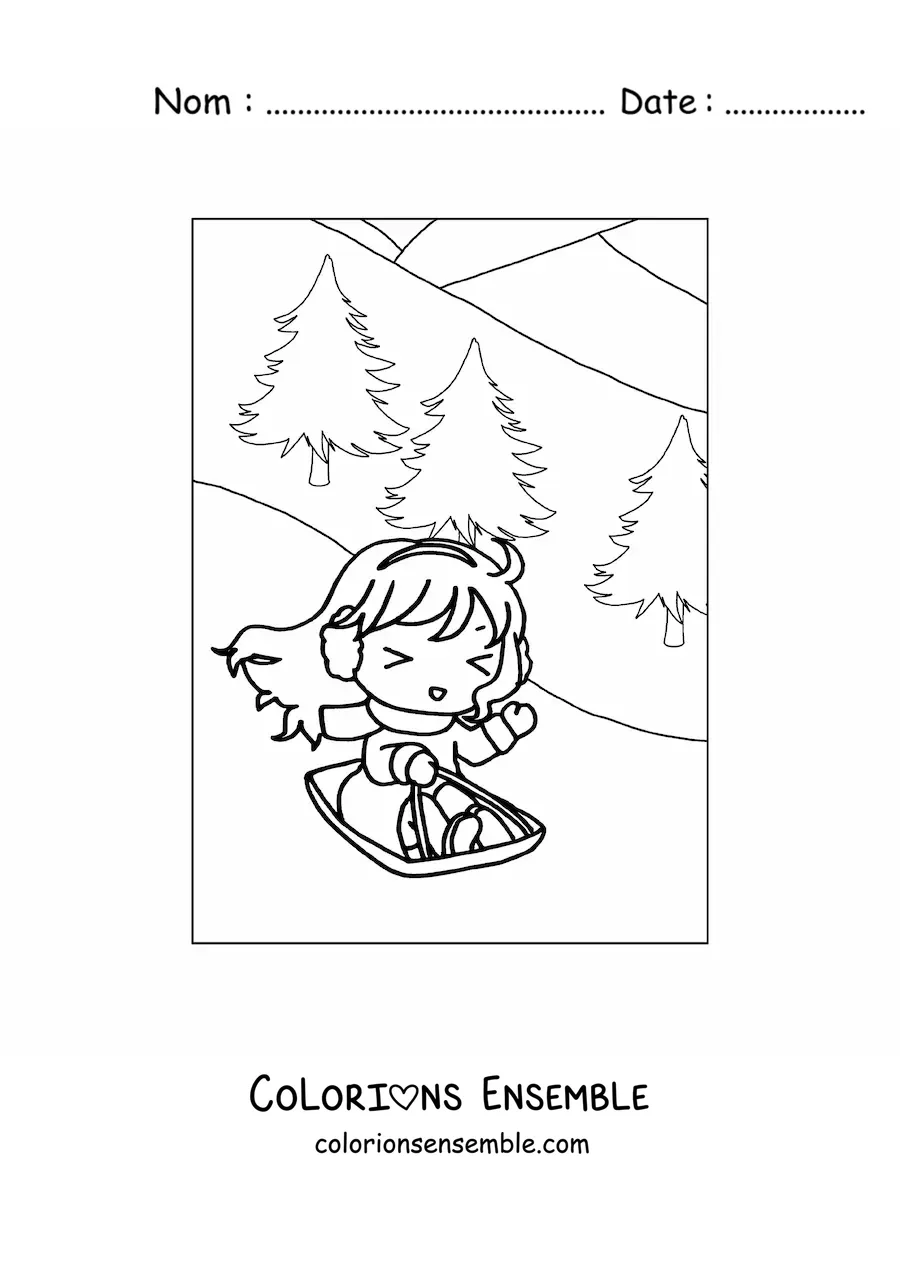Image à colorier d'une petite fille kawaii heureuse sur une luge