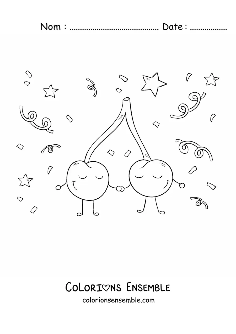 Image à colorier de deux cerises animées qui se tiennent par la main avec des confettis en arrière-plan